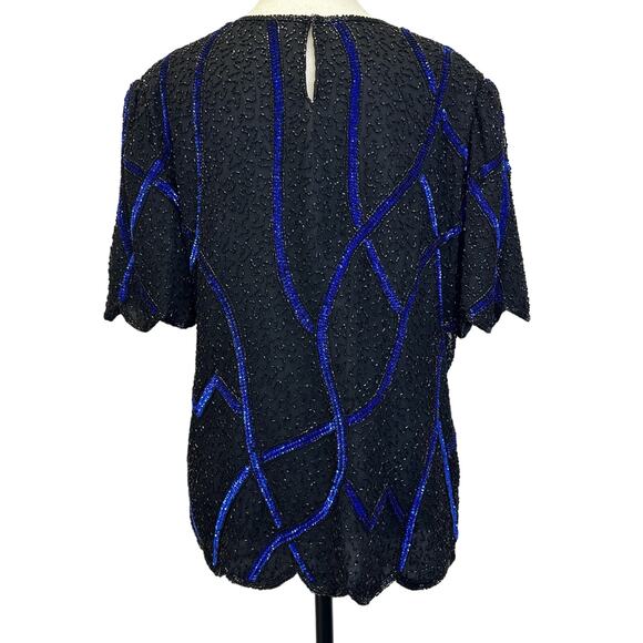 Vintage Scala Black and Blue Sequin Beaded Silk Top 
– Size XL - Picture 2 of 7